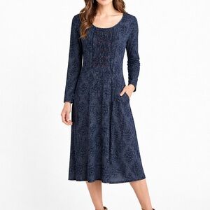 Velvet by Graham & Spencer Navy Printed Midi Dress Embroidered Size L
